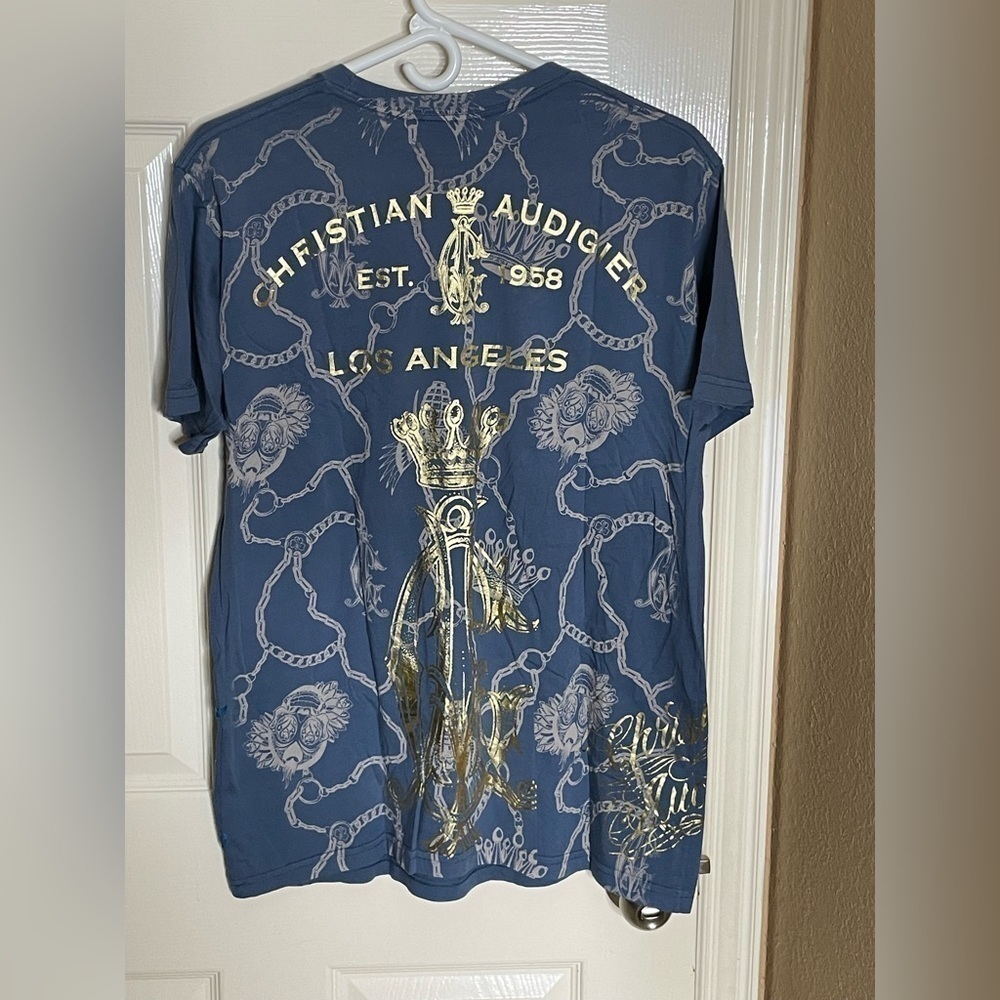 Christian Audigier Shirt Mens Medium Blue Skull Wings Rhinestone All Over Print - Picture 10 of 10
